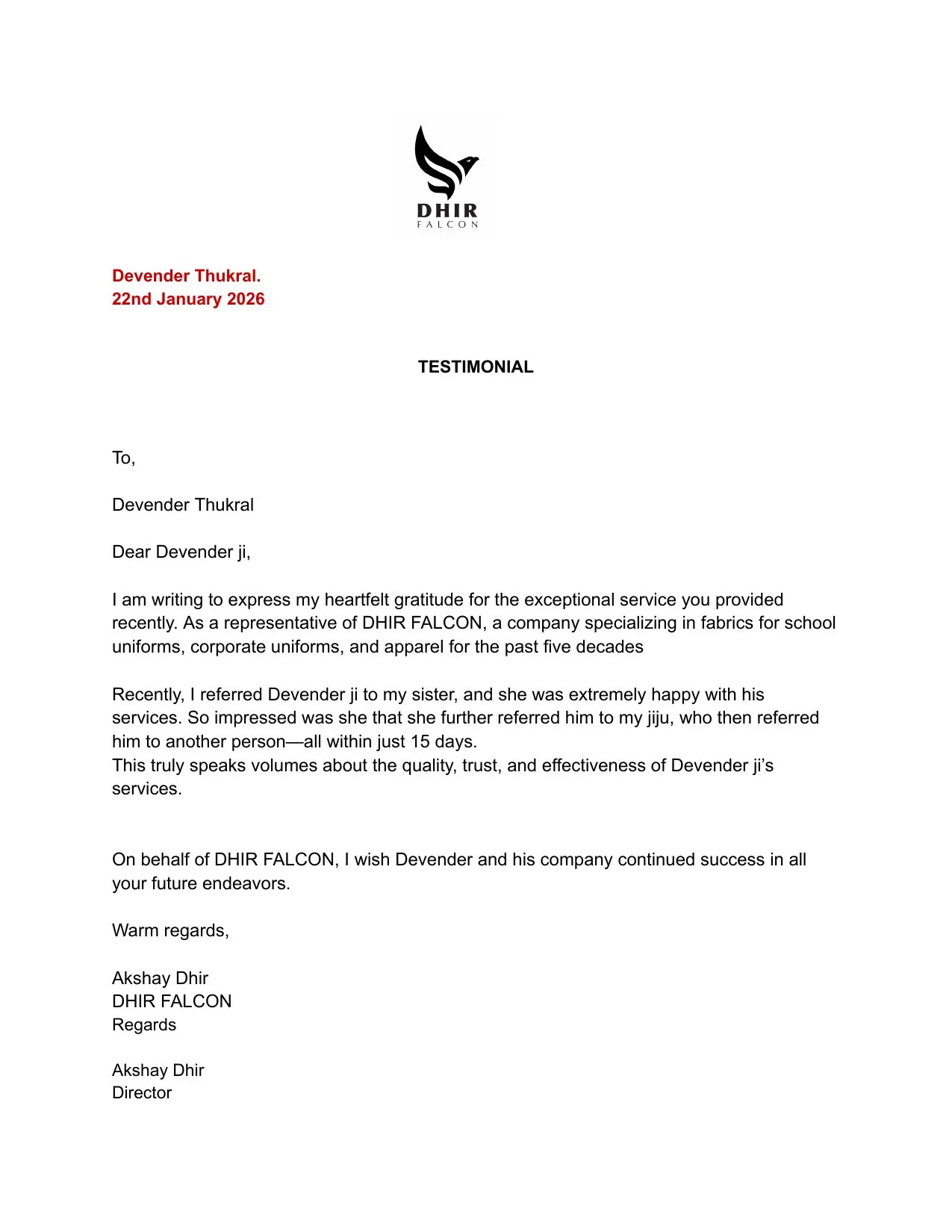 Testimonial letter from Akshay Dhir of Dhir Falcon