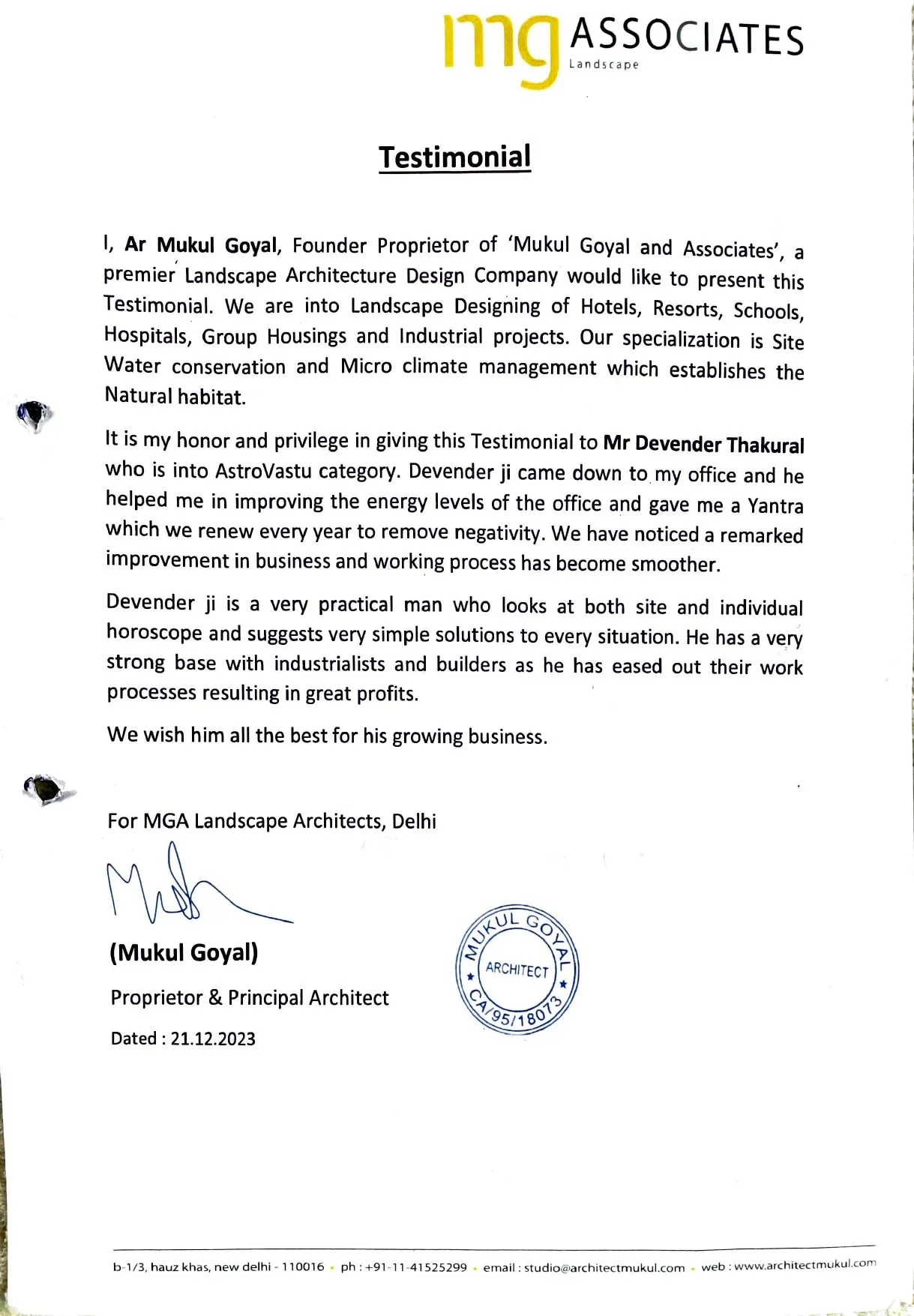 Testimonial letter from Ar Mukul Goyal of Mukul Goyal and Associates