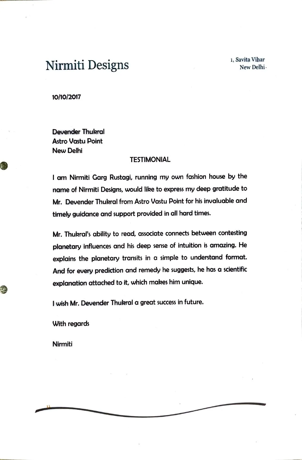 Testimonial letter from Nirmiti Garg Rustagi of Nirmiti Designs