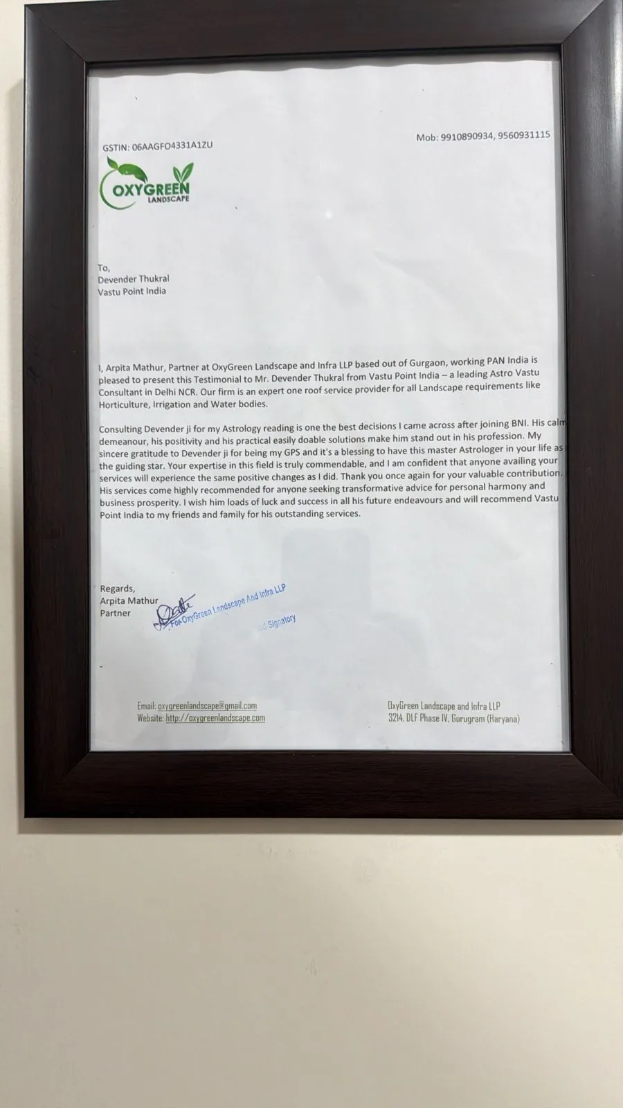 Testimonial letter from Arpita Mathur of OxyGreen Landscape and Infra LLP