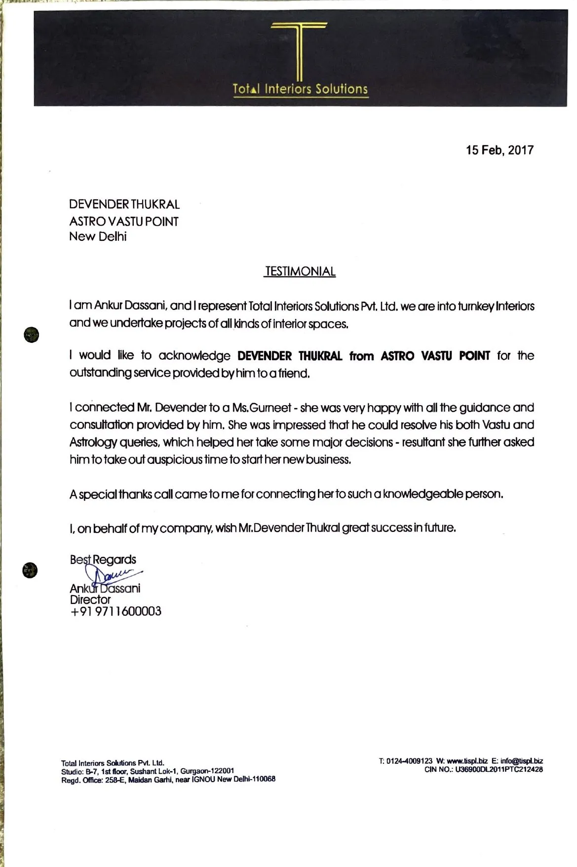 Testimonial letter from Ankur Dassani of Total Interiors Solutions Pvt Ltd